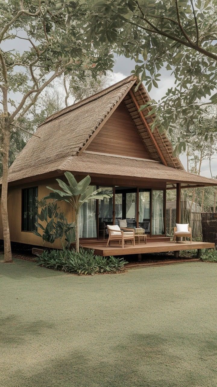 A thatched-roof bungalow nestled among trees at the Oasis Farmstay